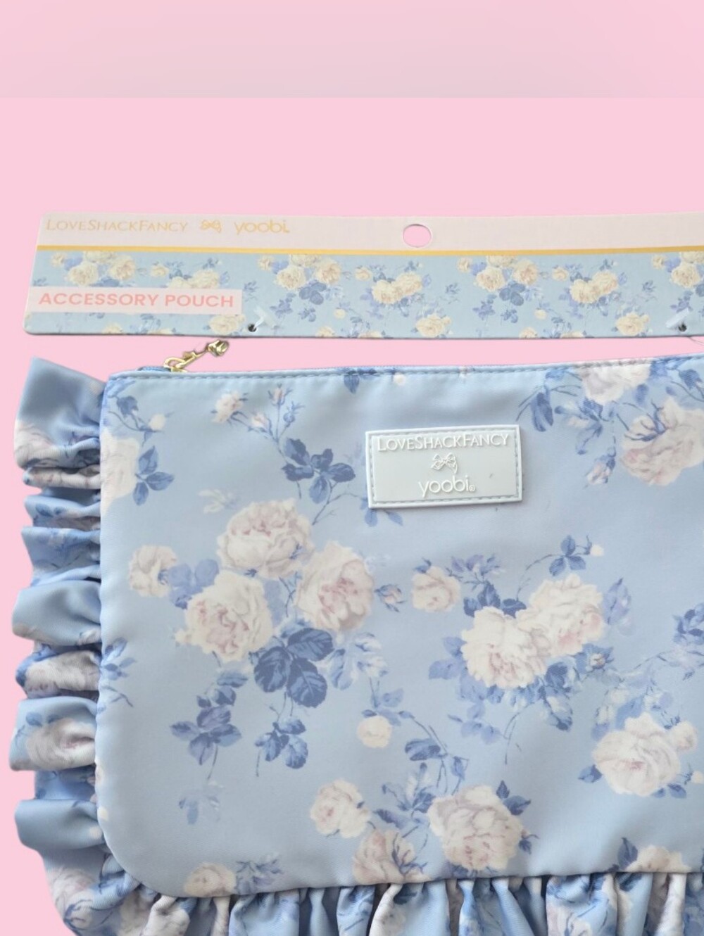 LoveShackFancy Light Blue Floral Ruffle Accessory Pouch